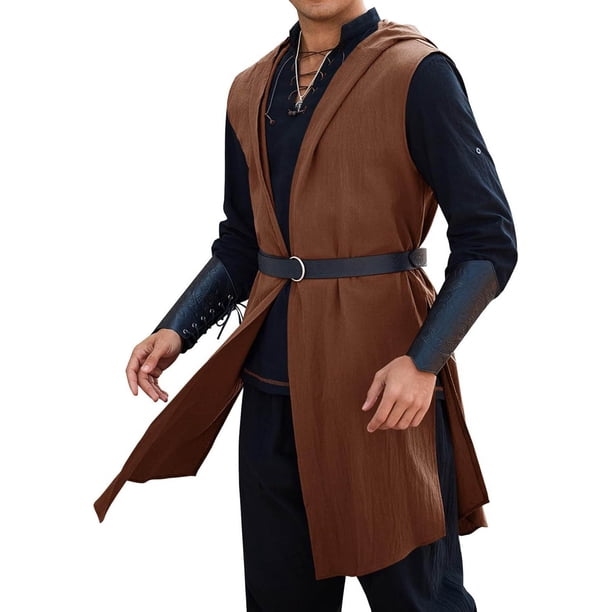 Blusa sin mangas con capucha para hombre, color sólido, medieval, con capucha, sin mangas, para Halloween, disfraz de actuación, blusa de poliéster para hombre