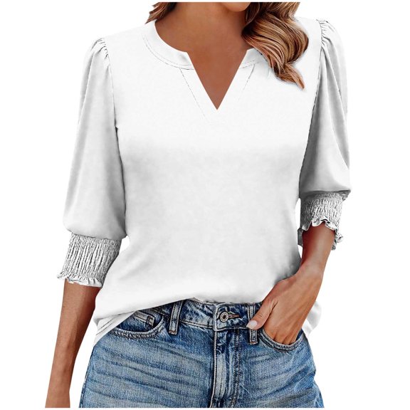 zbxnLI 3/4 Length Sleeve Womens Tops Loose V Neck Dressy Casual Blouses Tunic Shirts Womens Clothes
