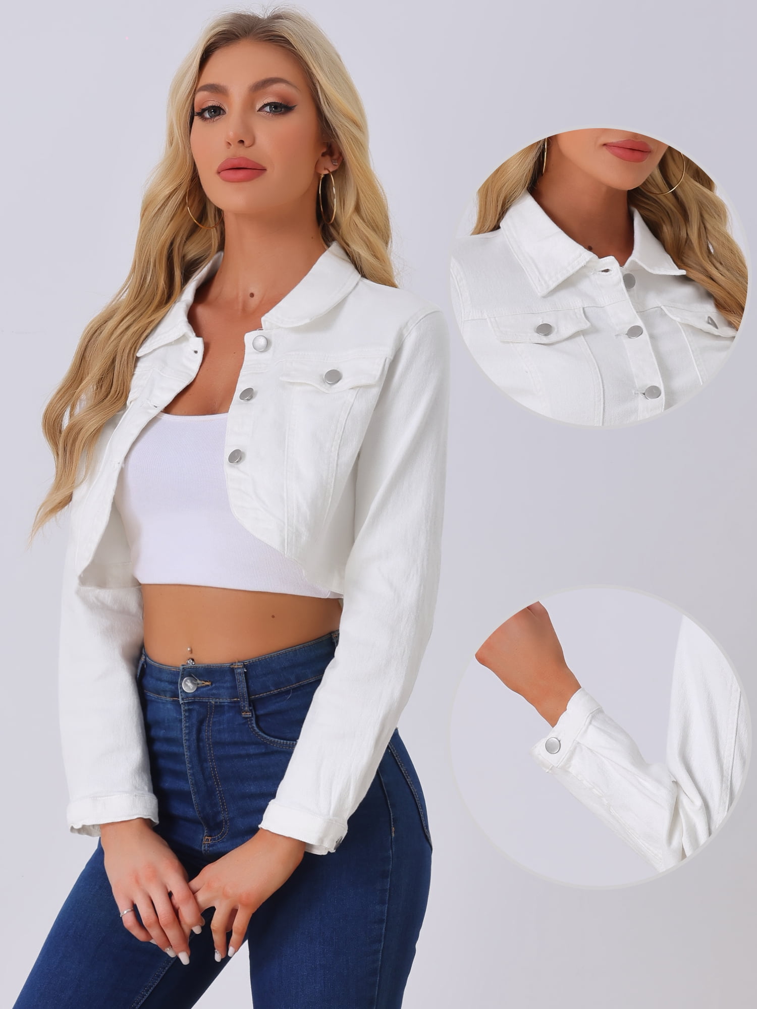 DARING DIVA Women's Collared Button Down Long Sleeve Crop Denim Jackets M White