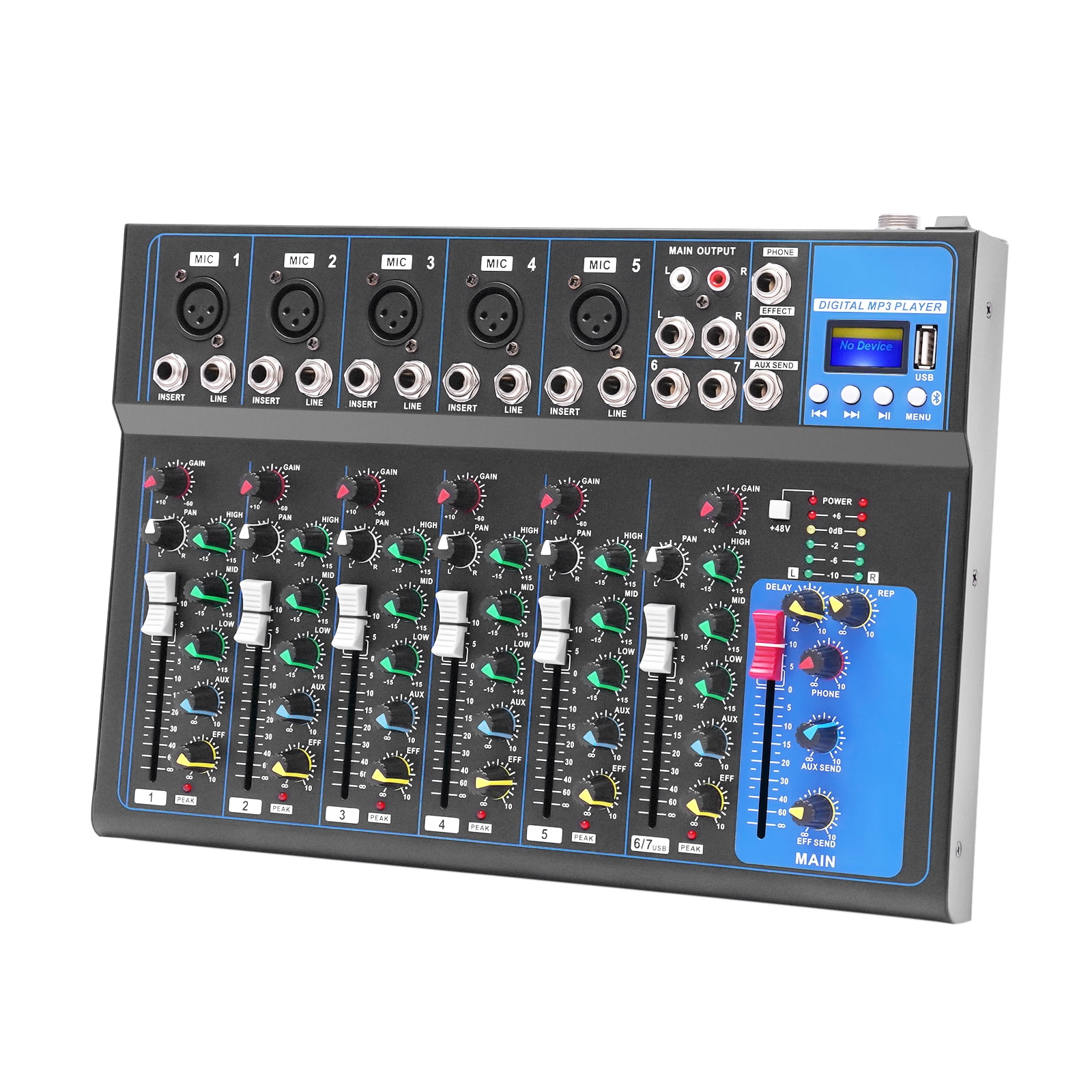 7 Channel Audio Mixer, Bluetooth Portable Audio Mixer w/USB DJ Sound Mixing Console MP3 Jack 48V Power for Computer Recording, Sounds Mixer Board For Studio Recording