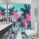 thumbnail image 2 of Juego de cortinas de ducha con diseño de palmeras de coco, 4 piezas de juegos de baño con sol morado con cortina de ducha y tapete de baño, tapa de inodoro y alfombras en forma de U, cortina de, 2 of 8
