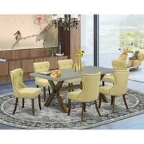East West Furniture 7-Piece Dining Set-Limelight Linen Fabric Seat and Button Tufted Back Parson Dining Chairs and Rectangular Top Kitchen Table with Hardwood Legs - Cement and Distressed Jacobean...