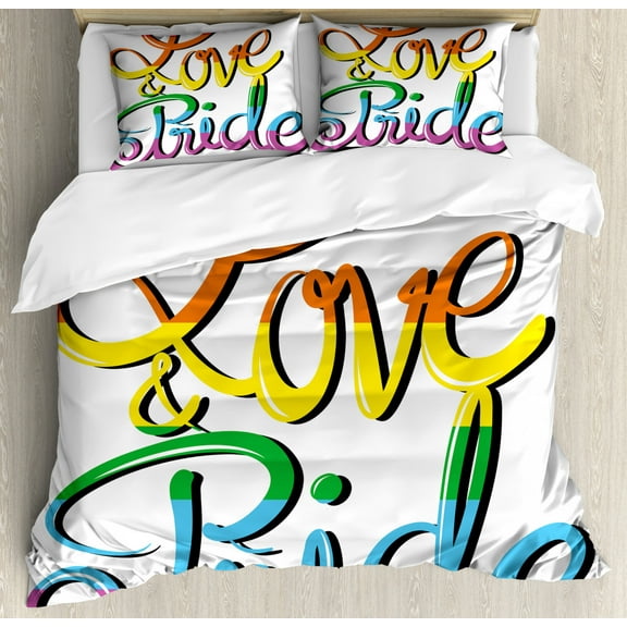 Pride Duvet Cover Set Queen Size, Love and Pride Text Design Stylized Lettering Calligraphy Rainbow Colors Relationship, Decorative 3 Piece Bedding Set with 2 Pillow Shams, Multicolor, by Ambesonne