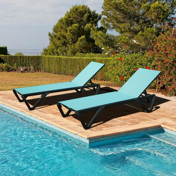 Domi Aluminum Chaise Lounge Set of 2, Adjustable Pool Recliners with Wheels, All-Weather Textilene for Patio, Deck, Backyard, Lake Blue
