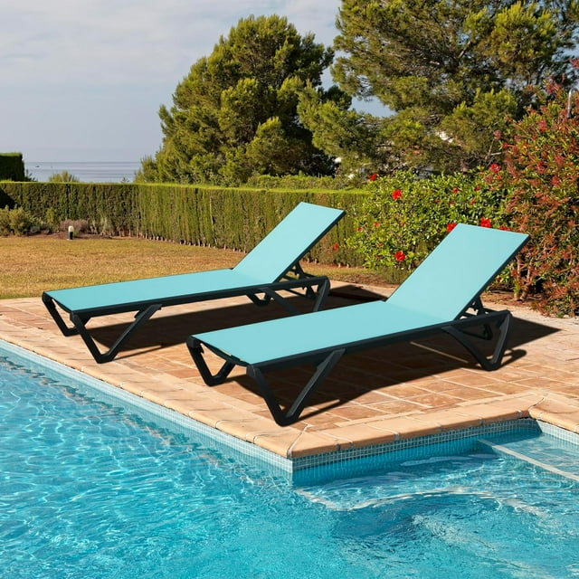 Domi Ensemble de 2 Chaises Longues en Aluminium, Fauteuils Inclinables de Piscine Réglables avec Roues, Textilène Toutes Saisons pour Patio, Terrasse, Cour Arrière, Bleu Lac