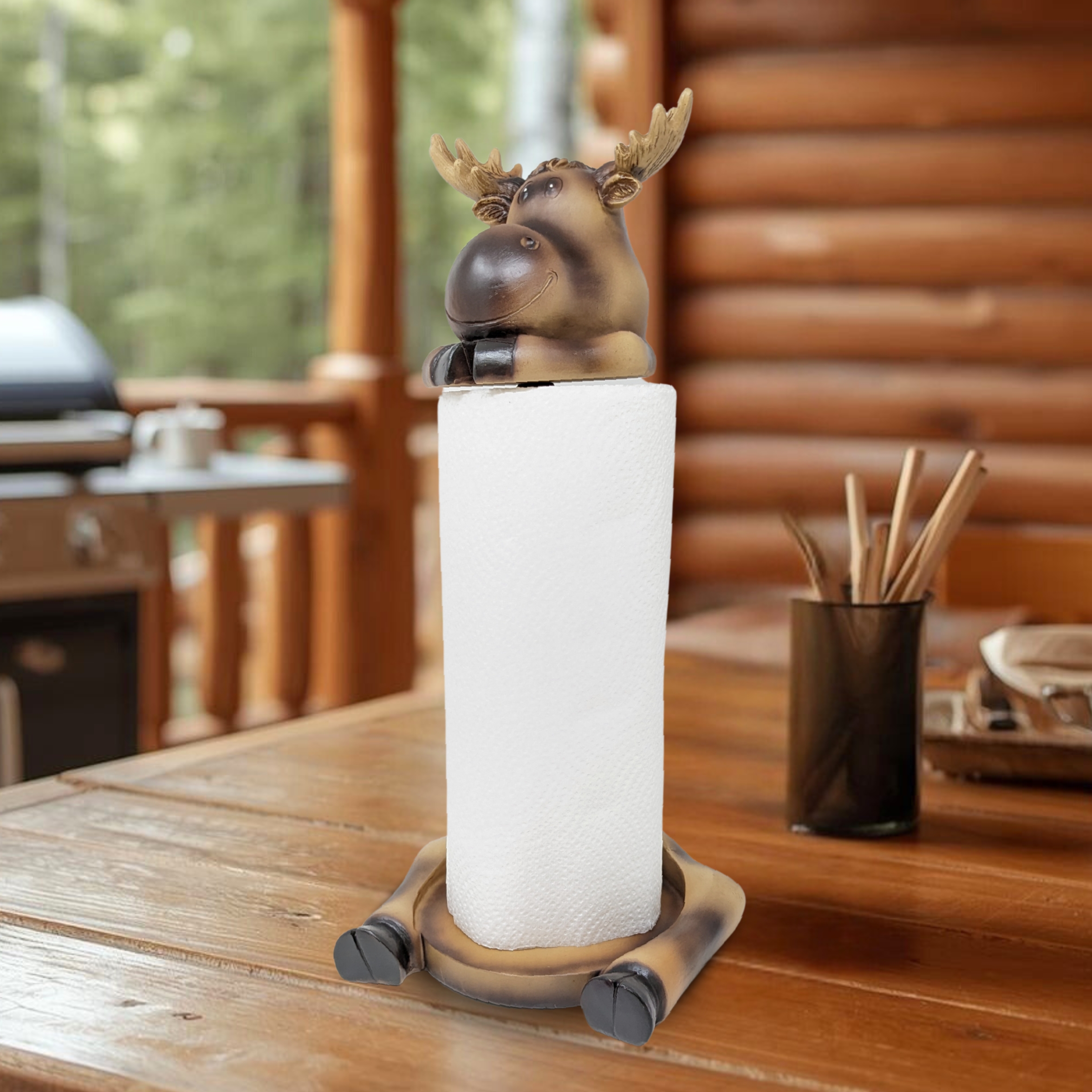 Moose Paper Towel Holder – Rustic Resin Freestanding Kitchen Countertop Paper Towel Stand – Lodge, Cabin, Farmhouse, or Woodland Decor – Funny Animal Kitchen Accessory & Moose Lover Gift Idea