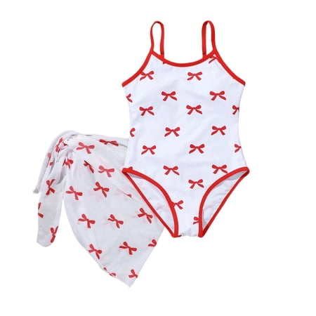 XEGLSBU Swimsuit for Girls 1 Piece Girls Ruffle Swimsuit with Bow and Mesh Skirt or Two Piece Bathing for Swimming Beach Play Red Size 8-9 Years