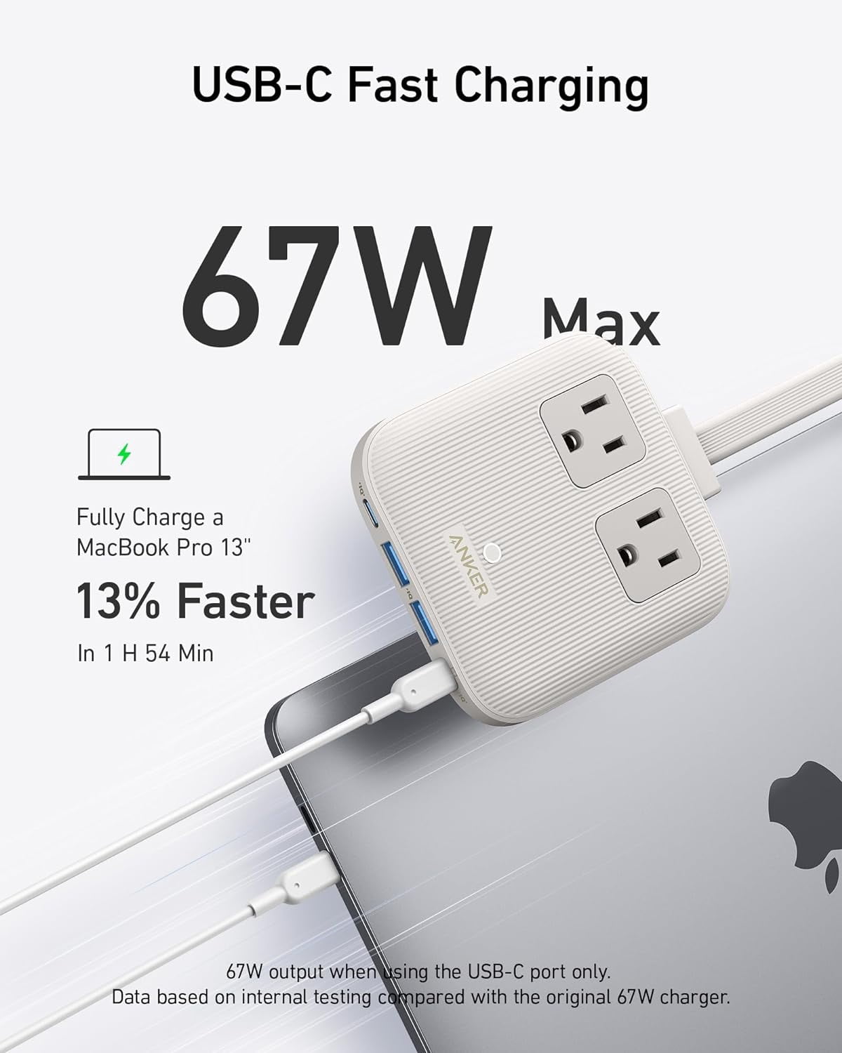 Anker Nano Charging Station(67W Max), 6-in-1 USB-C Power Strip Compatible for iPhone 16/15&MacBook, with Flat Plug and 5ft Thin Undetachable Extension Cord, 2 AC, 2 USB-A, 2 USB-C, for Home & Office
