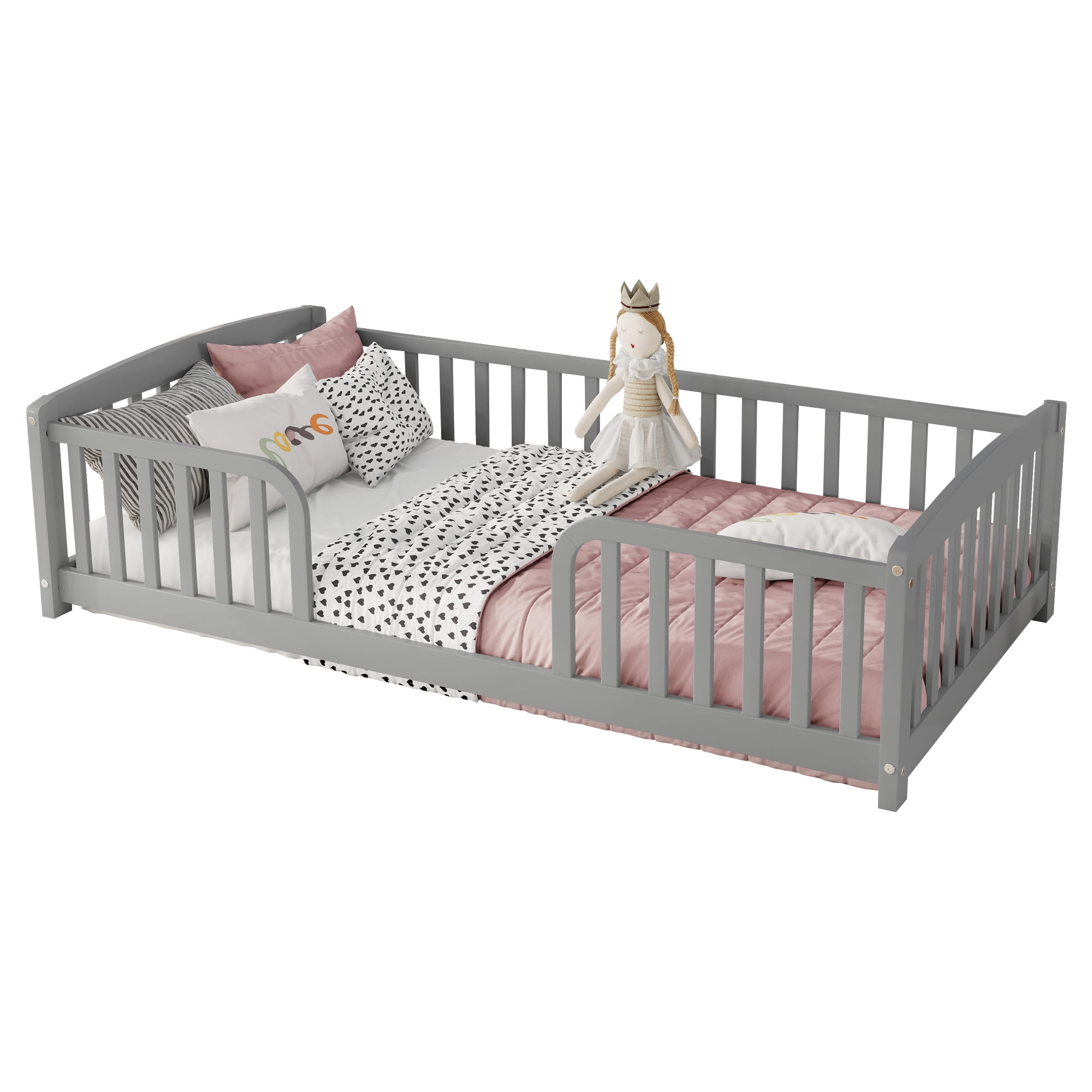 Leumius Twin Size Floor Fence Bed with Central Entrance, Pine Wood Floor Bed with Guardrails for Boys Girls Grey