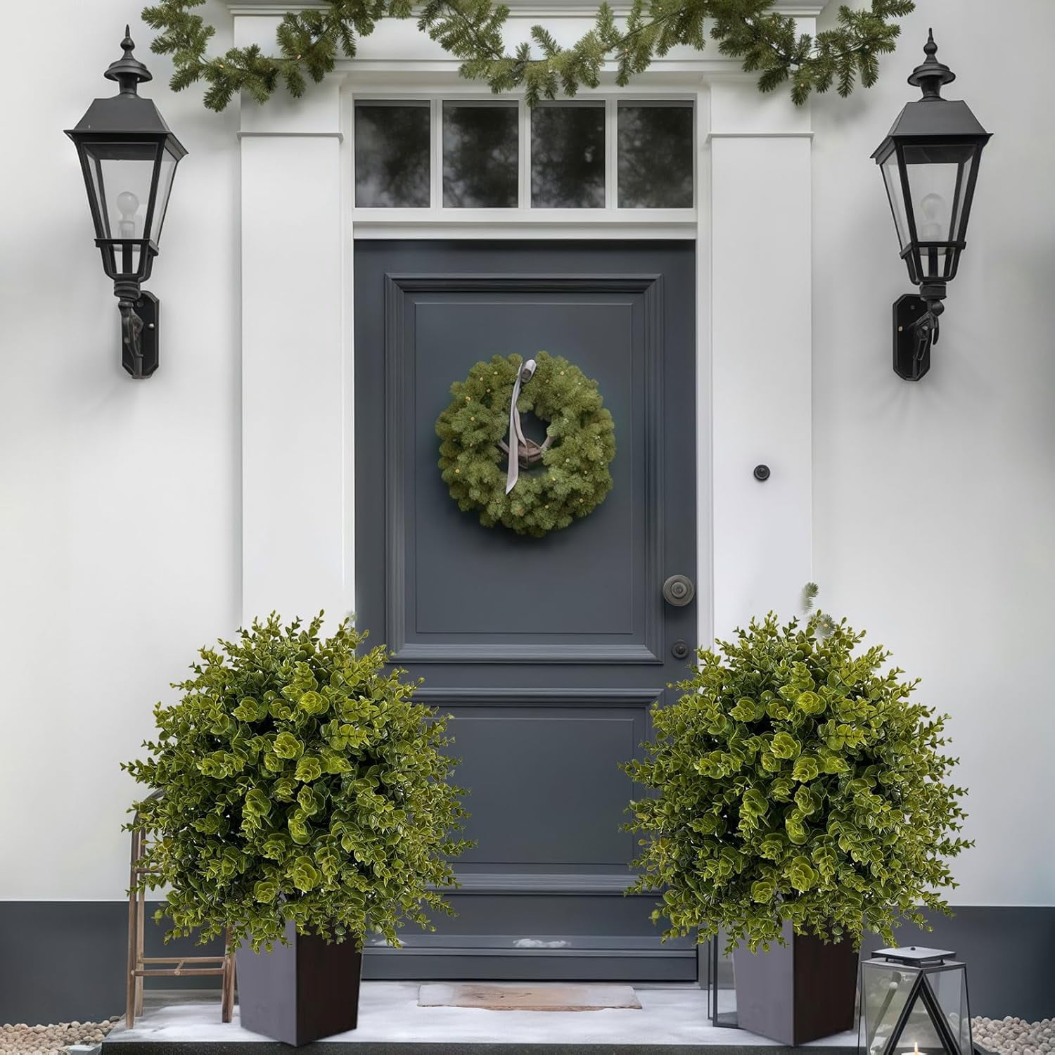 2-Pack 25.6" Artificial Boxwood Topiary Ball Trees with Ground Spike, UV Resistant Fake Bushes Plants with Fall Camellia Flowers,Faux Outdoor Shrubs & Bushes for Front Yard Decor (Green, 2Pcs)