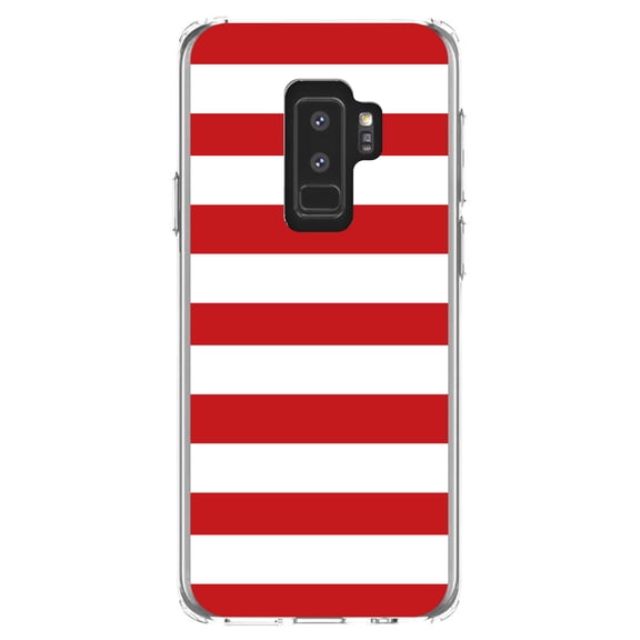DistinctInk Clear Shockproof Hybrid Case for Samsung Galaxy S9  PLUS (6.2" Screen) - TPU Bumper, Acrylic Back, Tempered Glass Screen Protector - Red & White Bold Horizontal Stripes