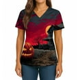thumbnail image 2 of WTOBBY Women's Casual V-Neck Short Sleeve Halloween Printed Top with Double Front Pockets and Side Hem Slit, Perfect as a Caregiver Work Uniform or Everyday Fashion Shirt,Red M, 2 of 5