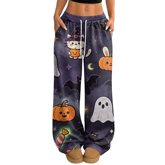 Hearthz Womens Flannel Pajama Pants Boo Ghost Pumpkin Graphic Women's Fuzzy Plush Pajama Pants Drawstring Elastic Waist Wide Leg Pj Bottoms Pants