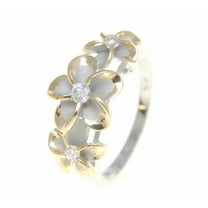 Sterling silver 925 Hawaiian 3 plumeria flower cz ring rhodium and yellow gold plated size 7.5
