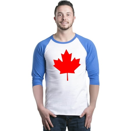 Shop4Ever Men s Canada Red Leaf Canadian Flag Raglan Baseball Shirt Small White/Blue