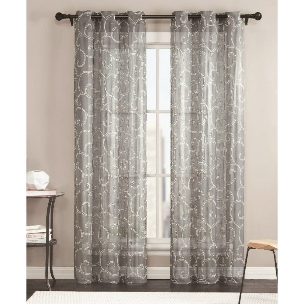 Sheer Grommet Window Curtain Panel Pair with White Scroll Design