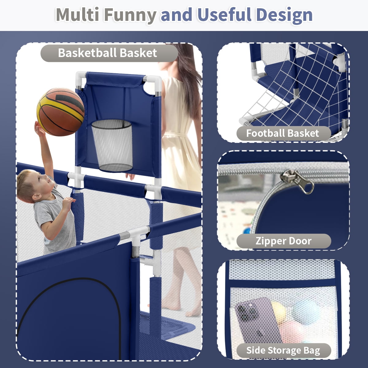 Baby Playpen, HDJ 71 inch Extra Large Baby Playard with Basketball Hoop and Breathable Mesh, Play Fence for Indoors Outdoors,Blue
