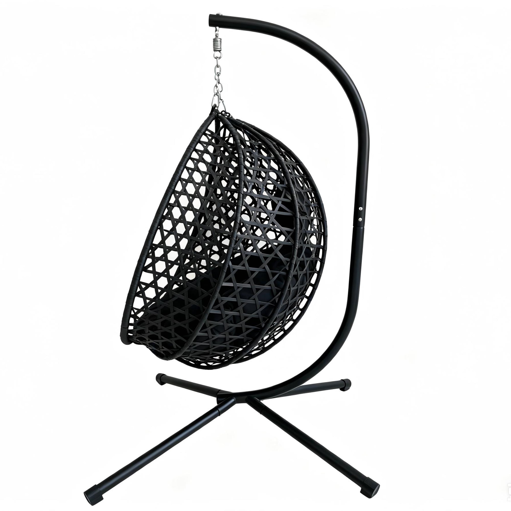 Foldable Hanging Egg Chair with Stand, HDPE Rattan Wicker Swing Chair with Cushion, Heavy Duty Frame 350 Lbs Capacity, Outdoor Patio Indoor Bedroom Balcony