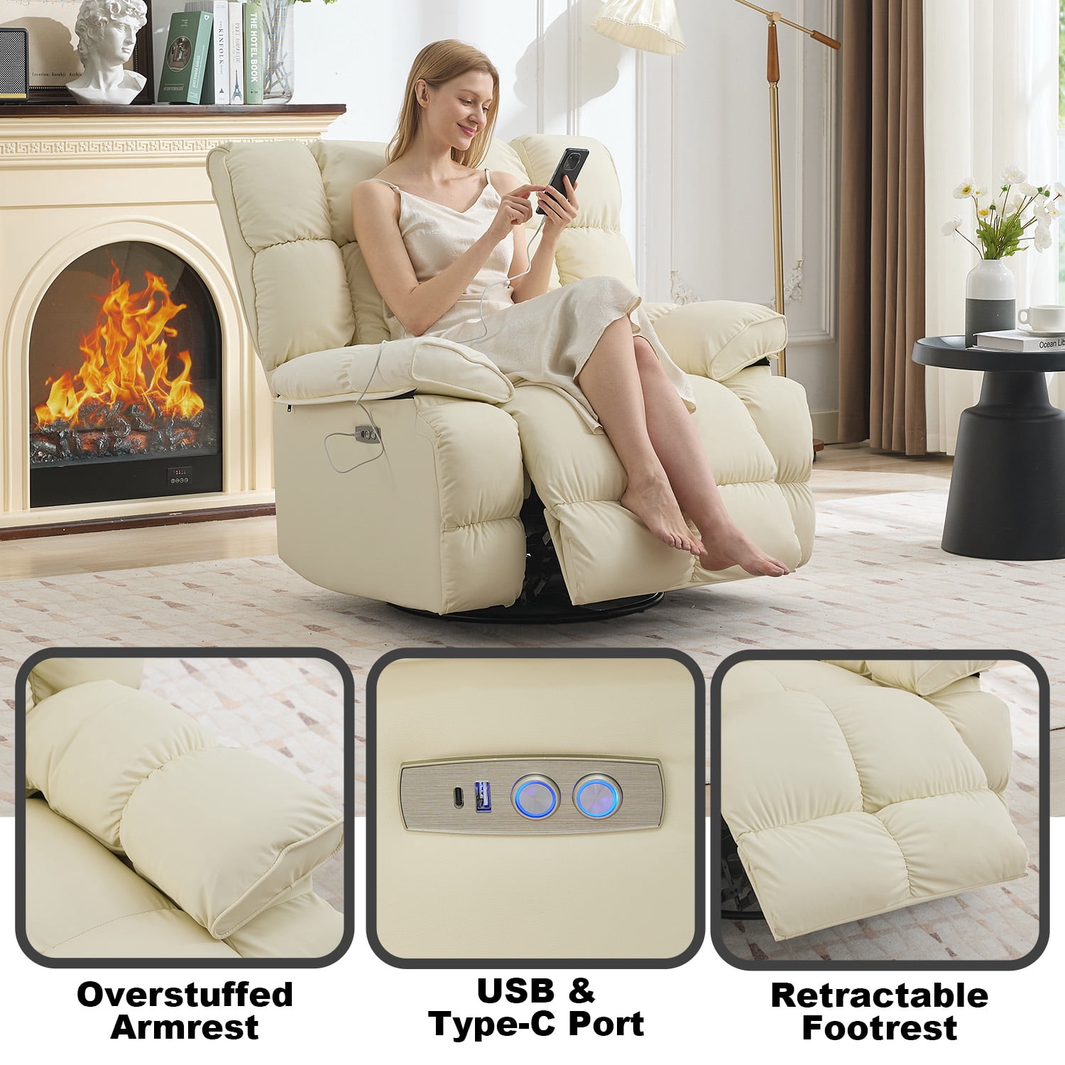 Pmango 2 Pack Pet-friendly Leather Recliner Chair Oversized, XXL Extra Wide Swivel Rocking Recliner, Nursery Single Sofa for Living Room, Electric Adjustable Reclining, USB & Type-C Port, Cream White