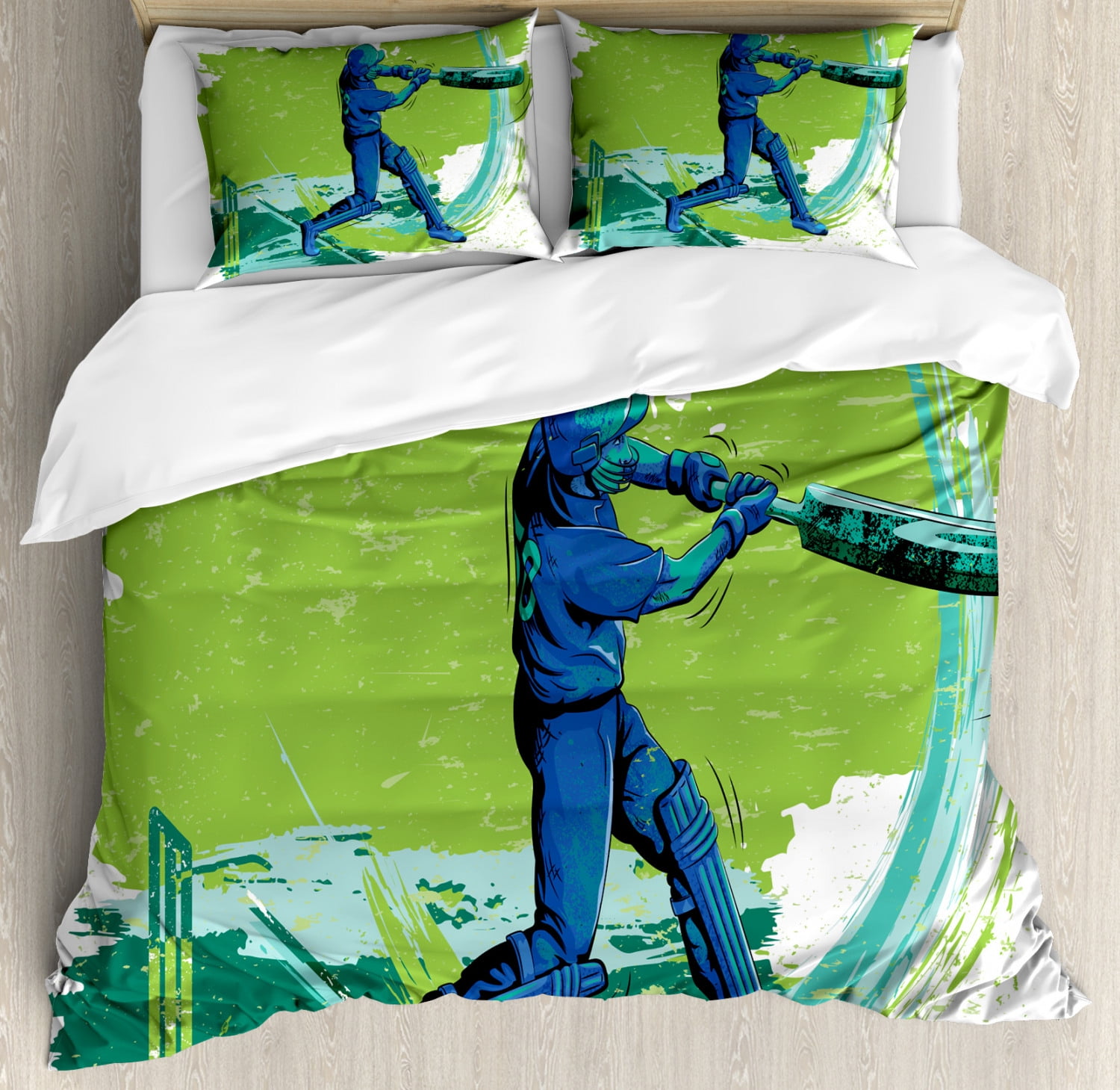 Sports Duvet Cover Set King Size, Cricket Player Pitching Win Game