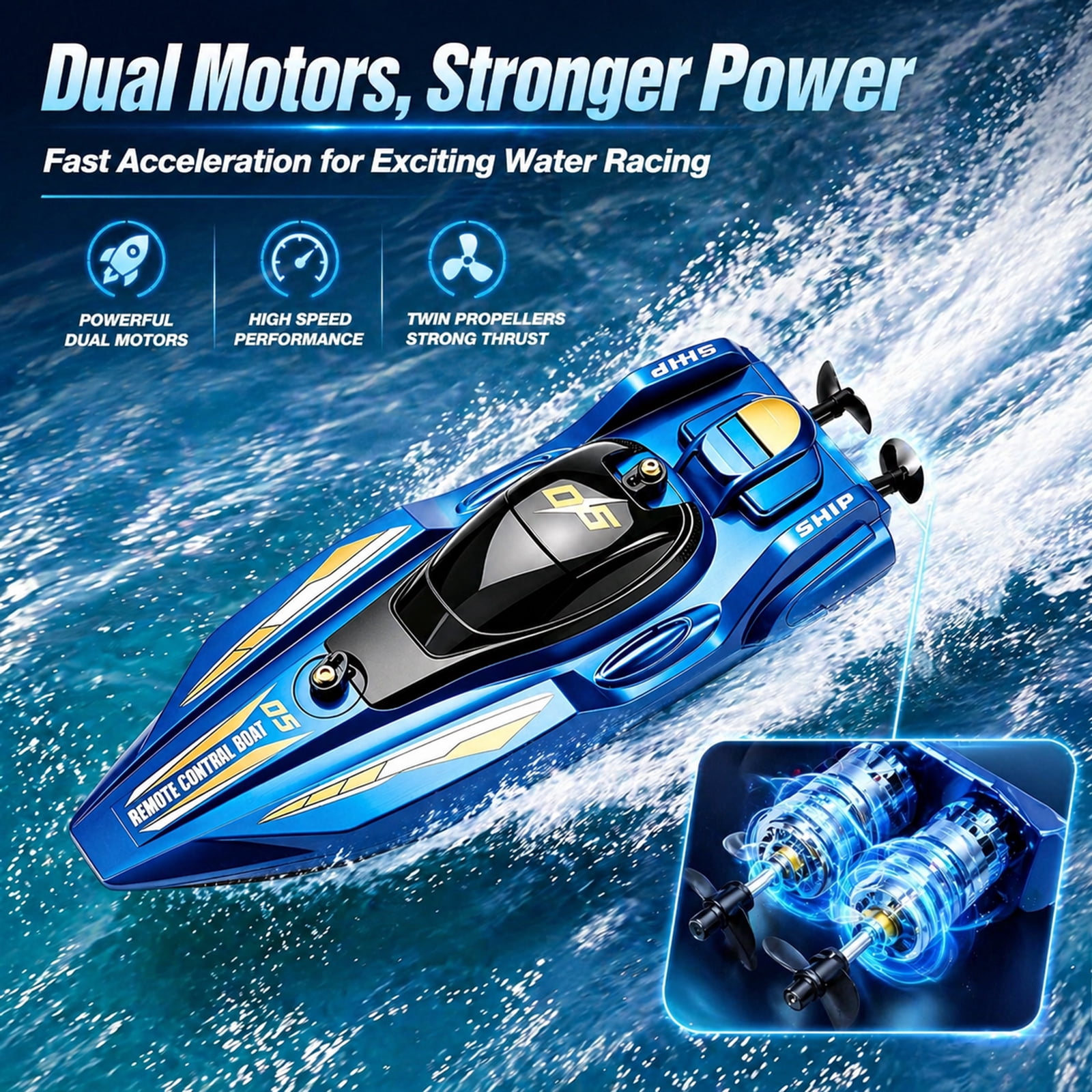Funtogether High Speed Remote Control Boat for Pools and Lakes, 2.4GHz Waterproof RC Speedboat with Dual Motors, Blue
