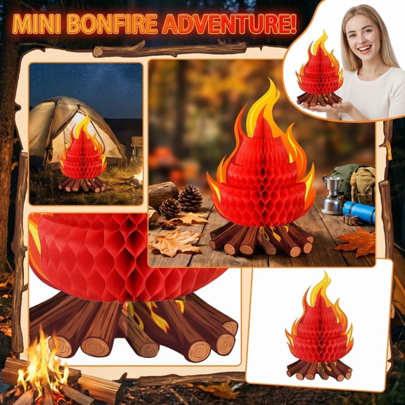 Camping Themed Party Decorations 10X7 Inch Honeycomb Decor Campfire Centerpiece Table Decorations for Backyard Patio Picnic Camping Events Single Piece