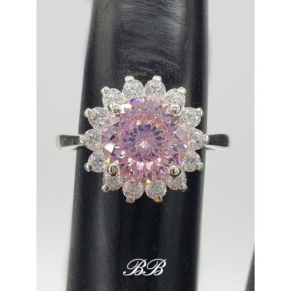 8mm Pink Portuguese Cut Cubic Zirconia, Halo Ring, 5A Quality CZ, Sterling Silver