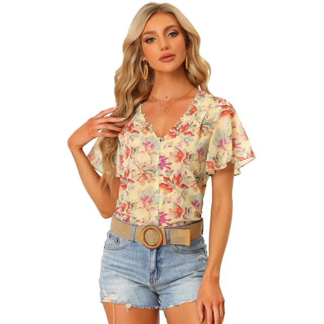 Blusa de gasa semitransparente con manga acampanada y blusa floral campesina para mujer Amarillo pálido XS