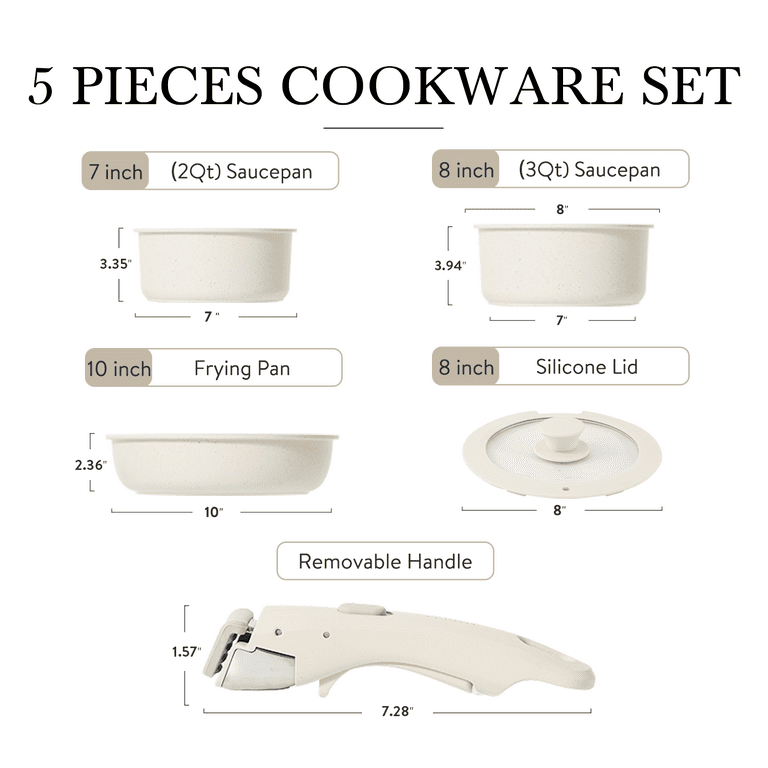 Carote Nonstick Cookware Sets, 5 Pcs Granite Non Stick Pots and Pans Set  with Removable Handle 