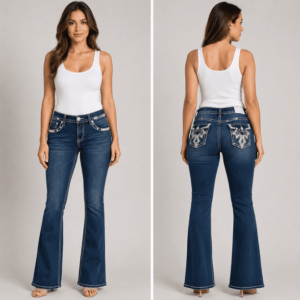 Jack David Rhinestone Studs Dark Wash Denim Flap Pocket Bootcut