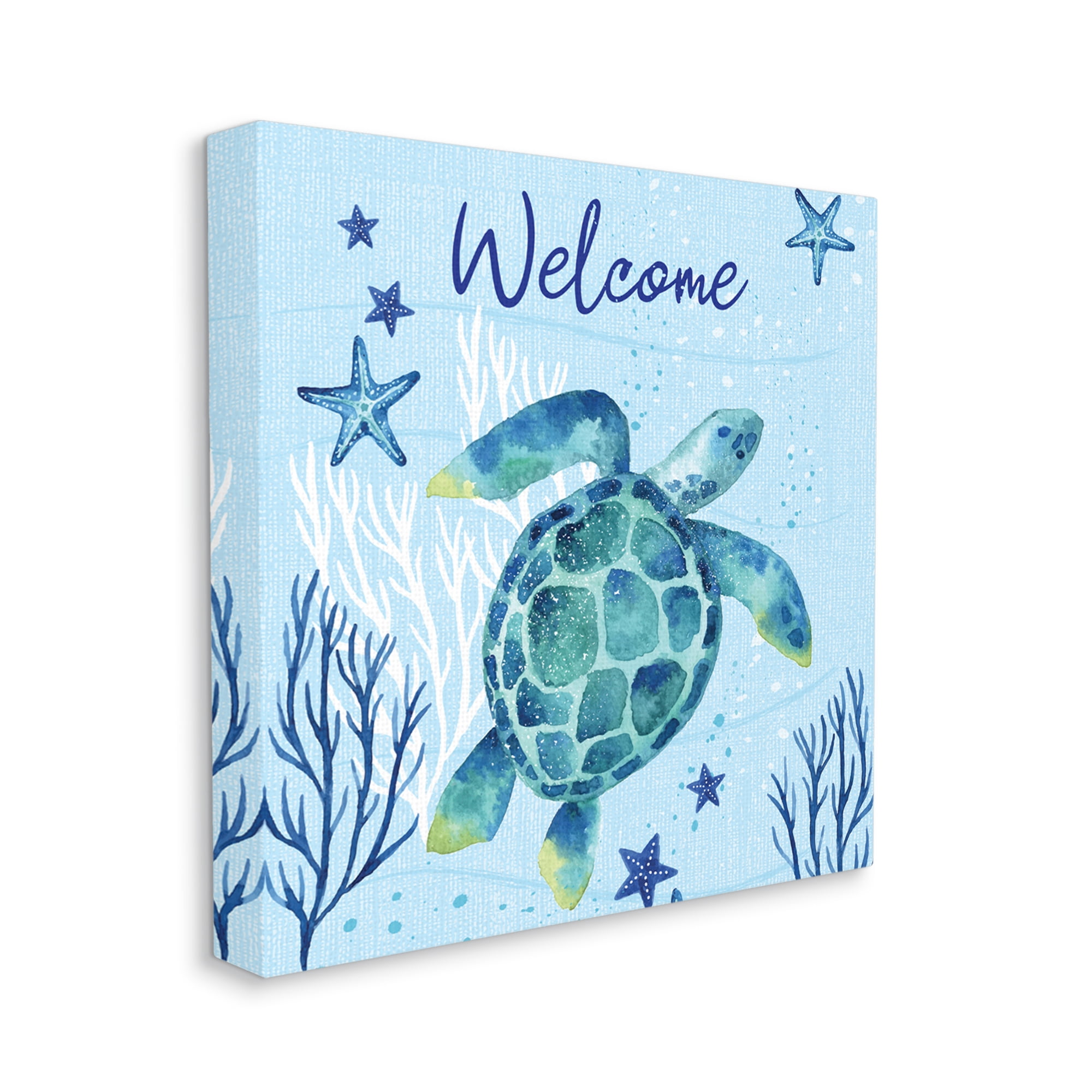 Stupell Industries Welcome Sign Sea Turtle Swimming Ocean Life Graphic Art Gallery Wrapped Canvas Print Wall Art, Design by Sharon Lee