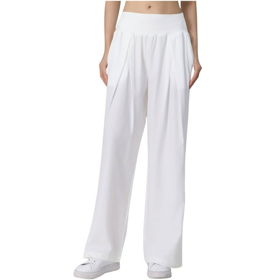 aidice Summer Pants for Women Casual Loose Mid Waisted Ruched Wide Leg Athletic Pants with Pockets