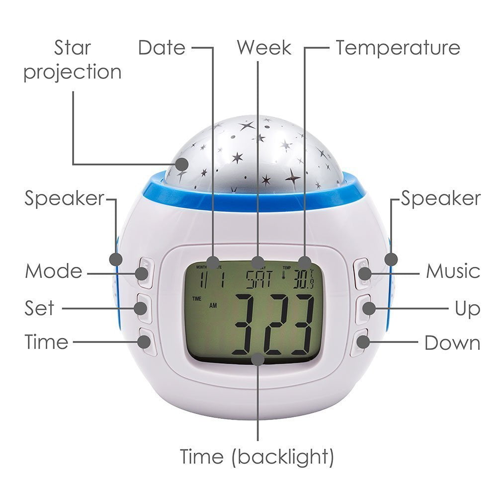 Kids Room Sky Star Night Light LED Projector Lamp Music Alarm Clock Calendar US 