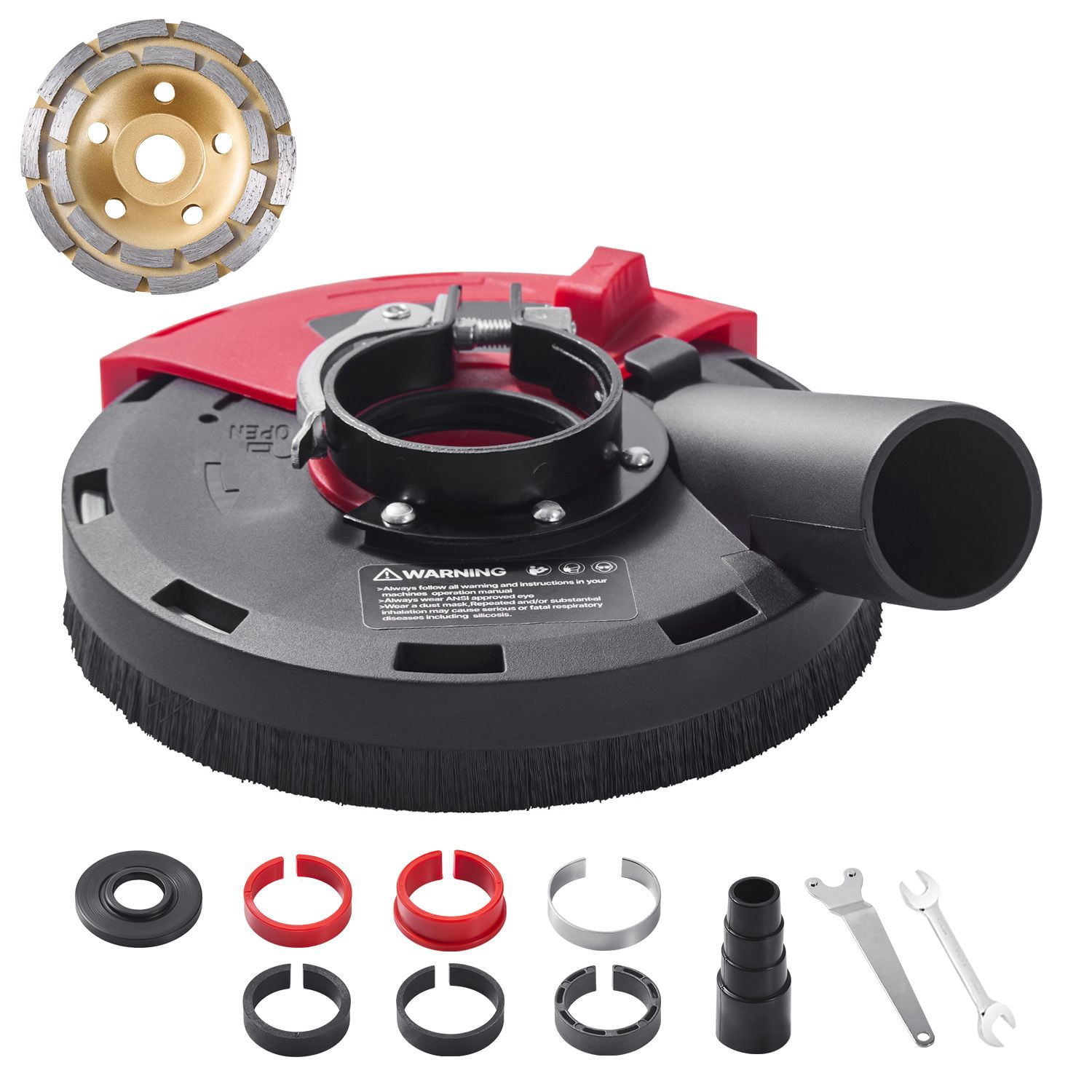 Universal 4-5 inch angle grinder dust cover, including 5-inch stone grinding cup wheel and 6 washers, can be connected to a wooden concrete vacuum cleaner
