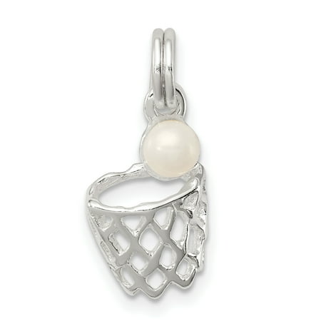 - 925 Sterling Silver Simulated Pearl Basketball In Hoop Pendant Charm Necklace Sport Gifts For Women For Her