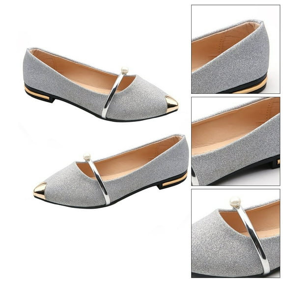 Worgeous Pearl Design Flat Shoes for Women Comfortable Rubber Silver Single Strap Non Slip Elegant