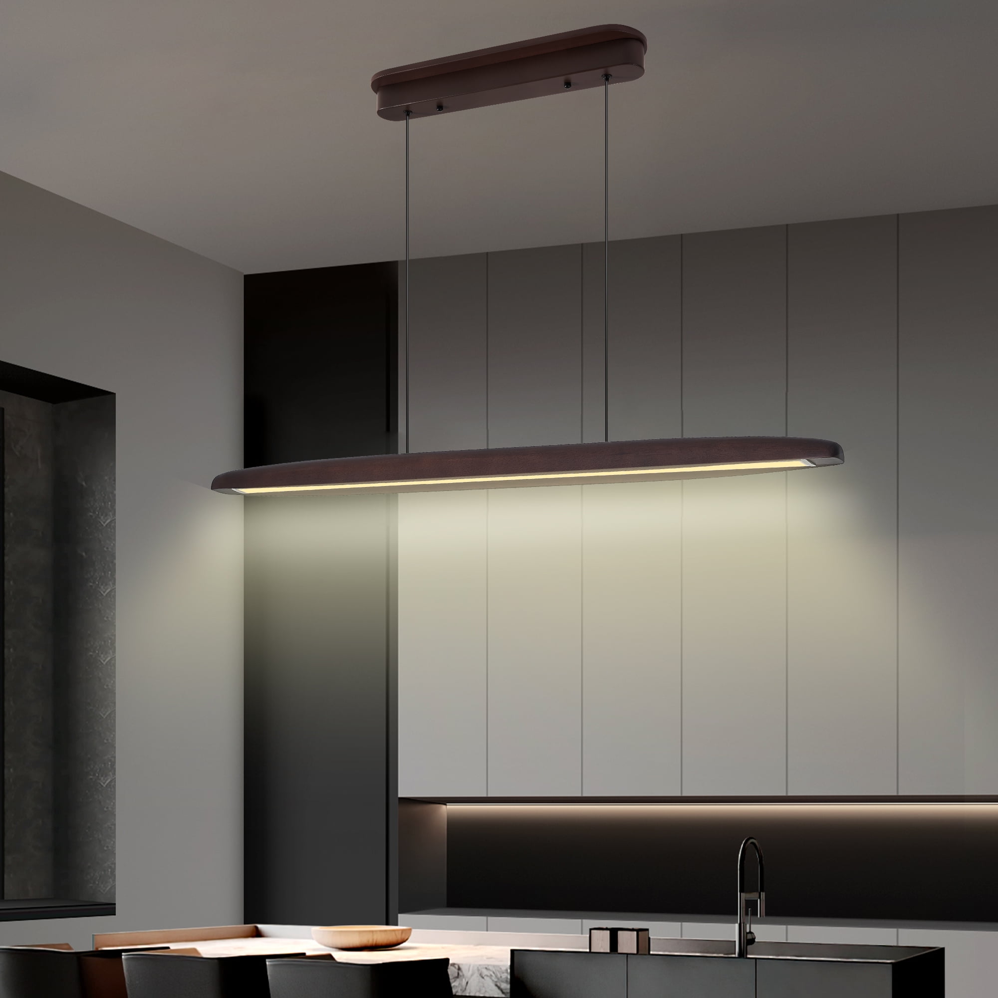 51 Inch Wood Linear Pendant Light Dimmable LED Fixture with Remote for Dining Room Kitchen Island