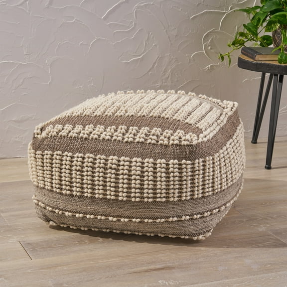 Hellen Boho Wool and Cotton Large Ottoman Pouf, Gray and White