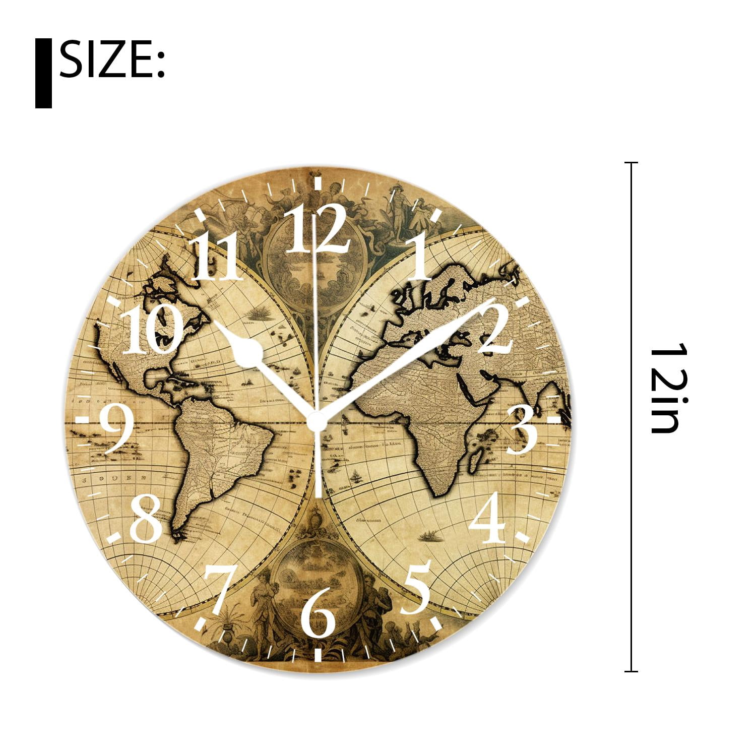 12 Inch Wall Clock Battery Operated Silent Clock Decorative for Office, Kitchen, Outdoor, Living Room，Retro World Map