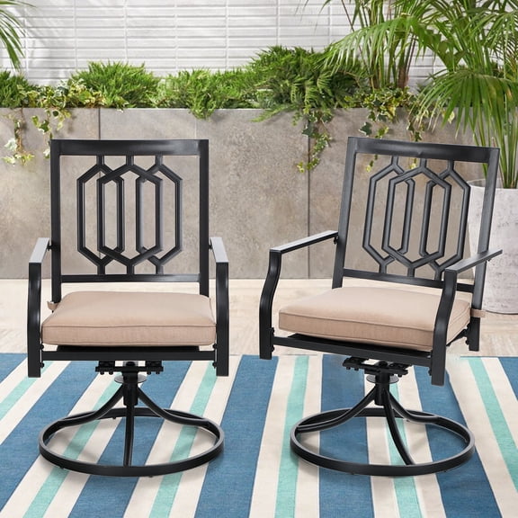 MF Studio Set of 2 Outdoor Patio Swivel Dining Chairs, Steel Frame with Cushion, Geometric Back, Black & Beige
