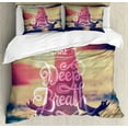 thumbnail image 1 of Yoga Duvet Cover Set Queen Size, Woman on Tranquil Summer Beach Meditating Peaceful Calm Sunset Motivation Phrase, Decorative 3 Piece Bedding Set with 2 Pillow Shams, Multicolor, by Ambesonne, 1 of 3