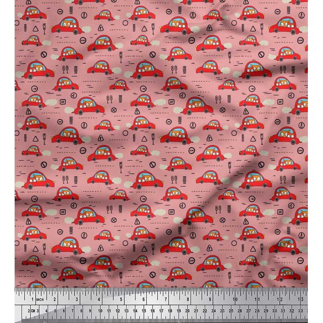 Soimoi Poly Georgette Fabric Car & Owl Cartoon Print Sewing Fabric Yard 42 Inch Wide