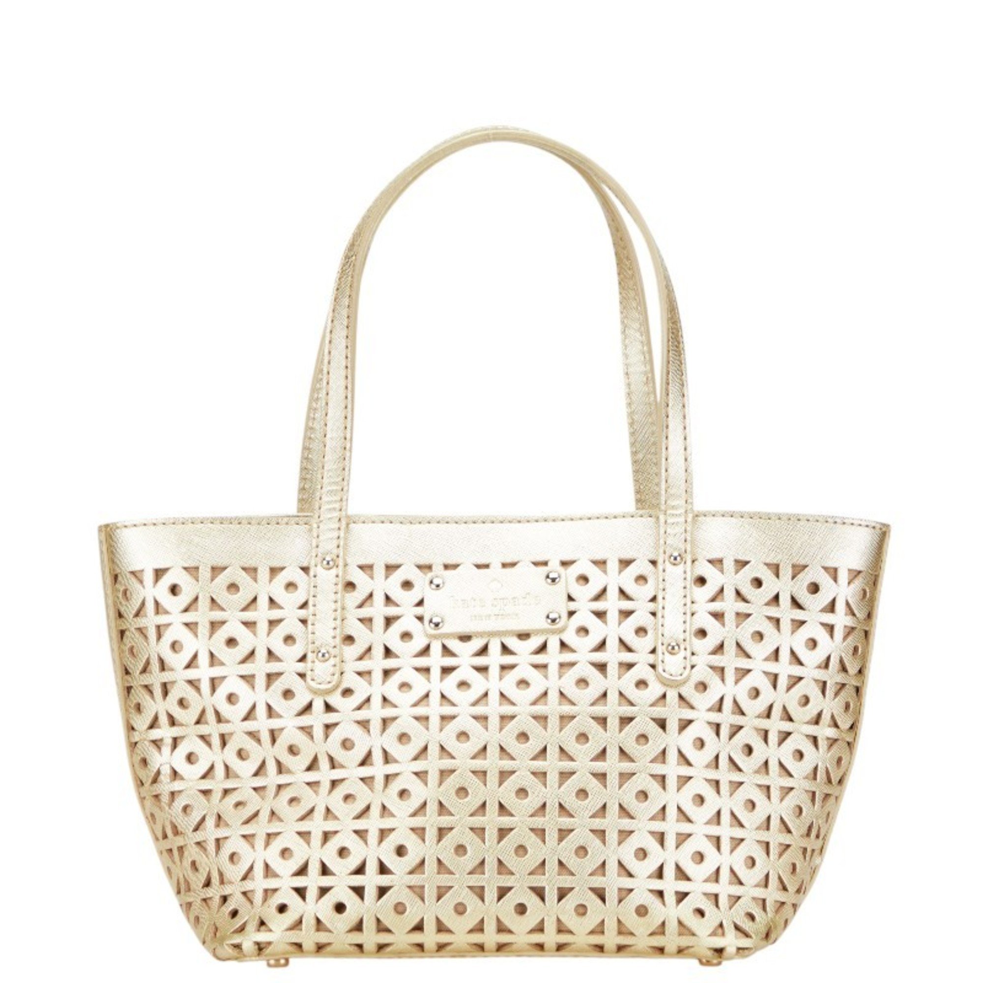 Pre-Owned Kate Spade logo punched tote bag, gold leather handbag, women's.