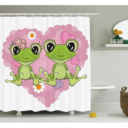 Frog Shower Radio Love Decor Shower Curtain Set, Two Cartoon Frogs On A Background Of Heart In Love Happiness Flowers, Bathroom Accessories, 69W X 70L Inches, By Ambesonne ()