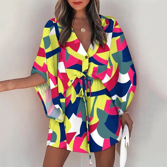 Summer Casual Boho Dresses Women's Flora Printed Batwing Sleeve Lace-Up Dress Female Irregular Sexy Beach Mini Dresses VestidosM Gao Jinjia LED