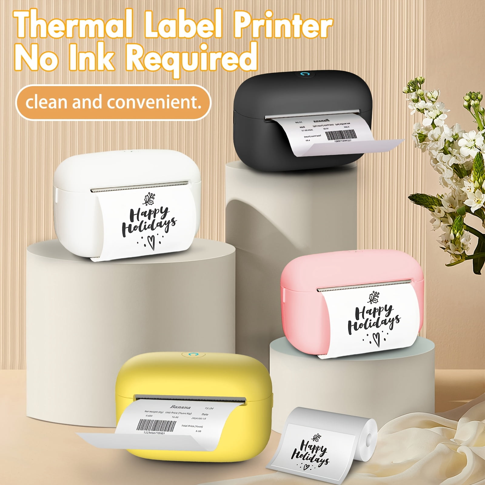 Inkless Portable Thermal Label Printer with Free Paper, Wireless Barcode Sticker Maker for Clothing Jewelry Retail Mailing Journals DIY Birthday Gifts