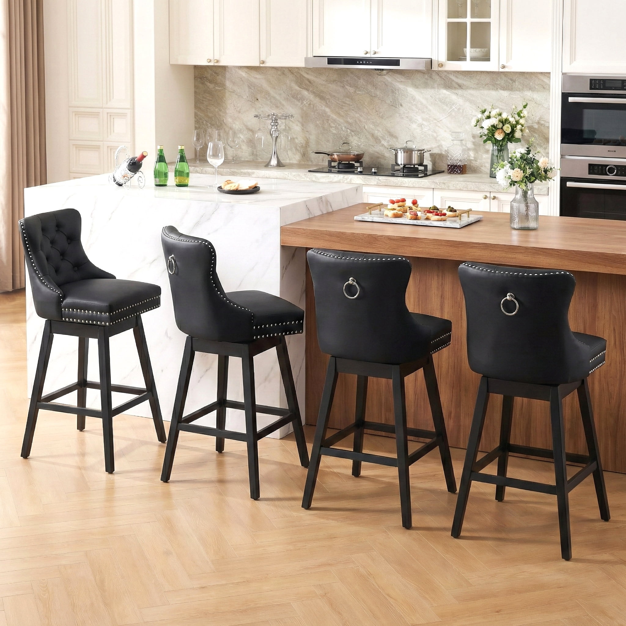 TEWLOSS Swivel Bar Stools Set of 4, 30" Bar Height Faux Leather Chairs with Back for Home Bar, Black