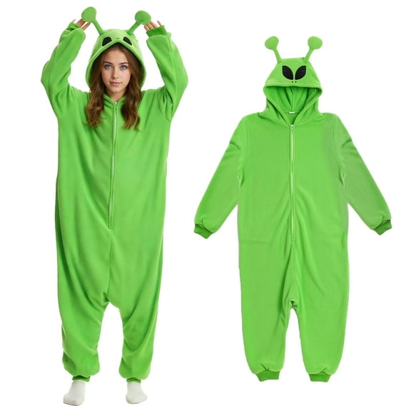 Alien Onesie Pajamas Adult Flannel One-Piece Hooded Jumpsuit with Zipper Halloween Cosplay Outfit