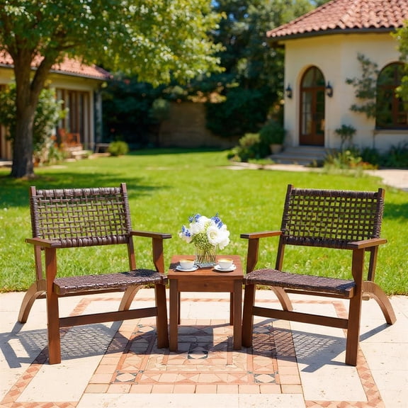 Topcobe 3 Pieces Outdoor Wooden Patio Rattan Furniture Set, Patio Sectional Furniture Set