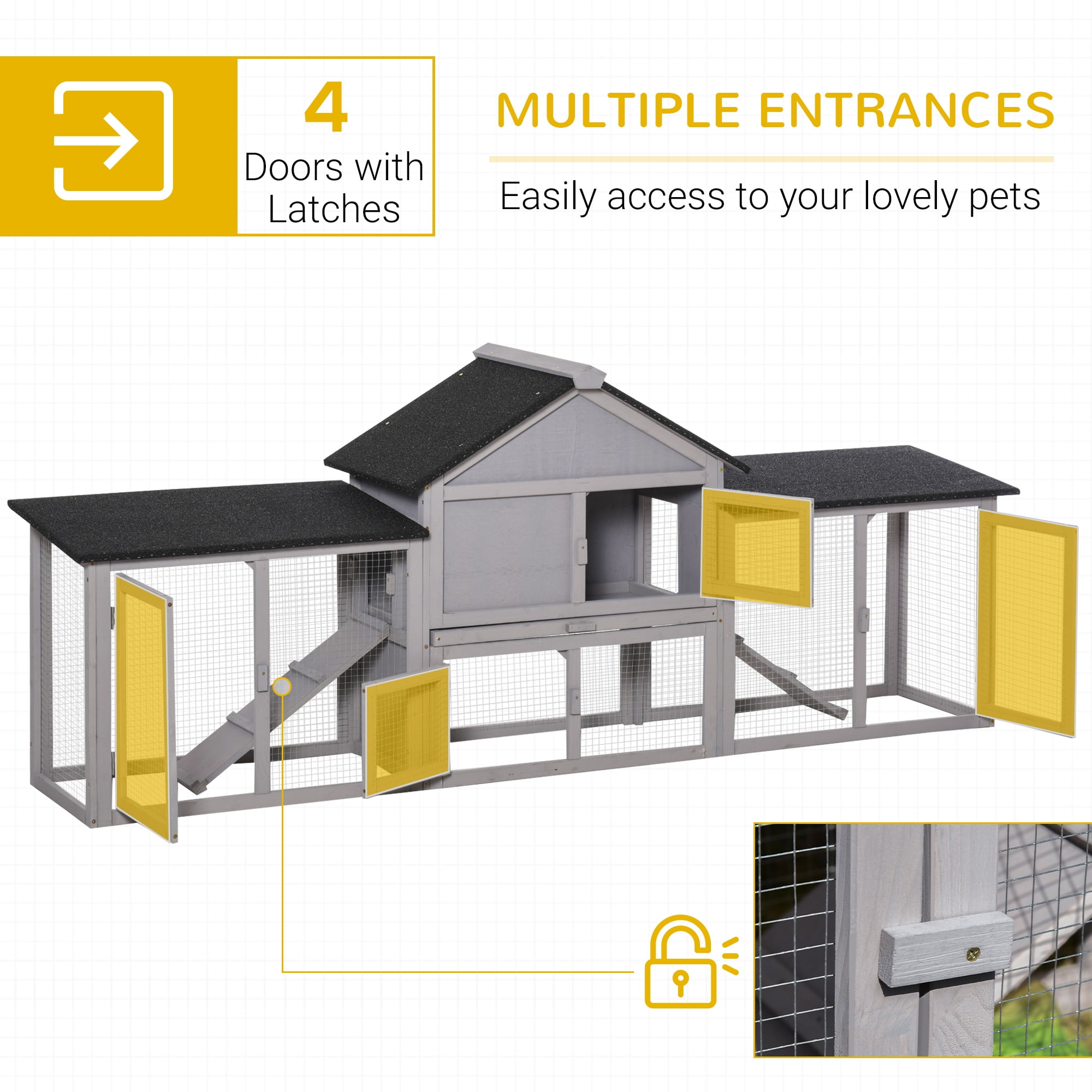 PawHut Wooden Rabbit Playpen with Lockable Doors Roof 83" L x 18" W x 33" H